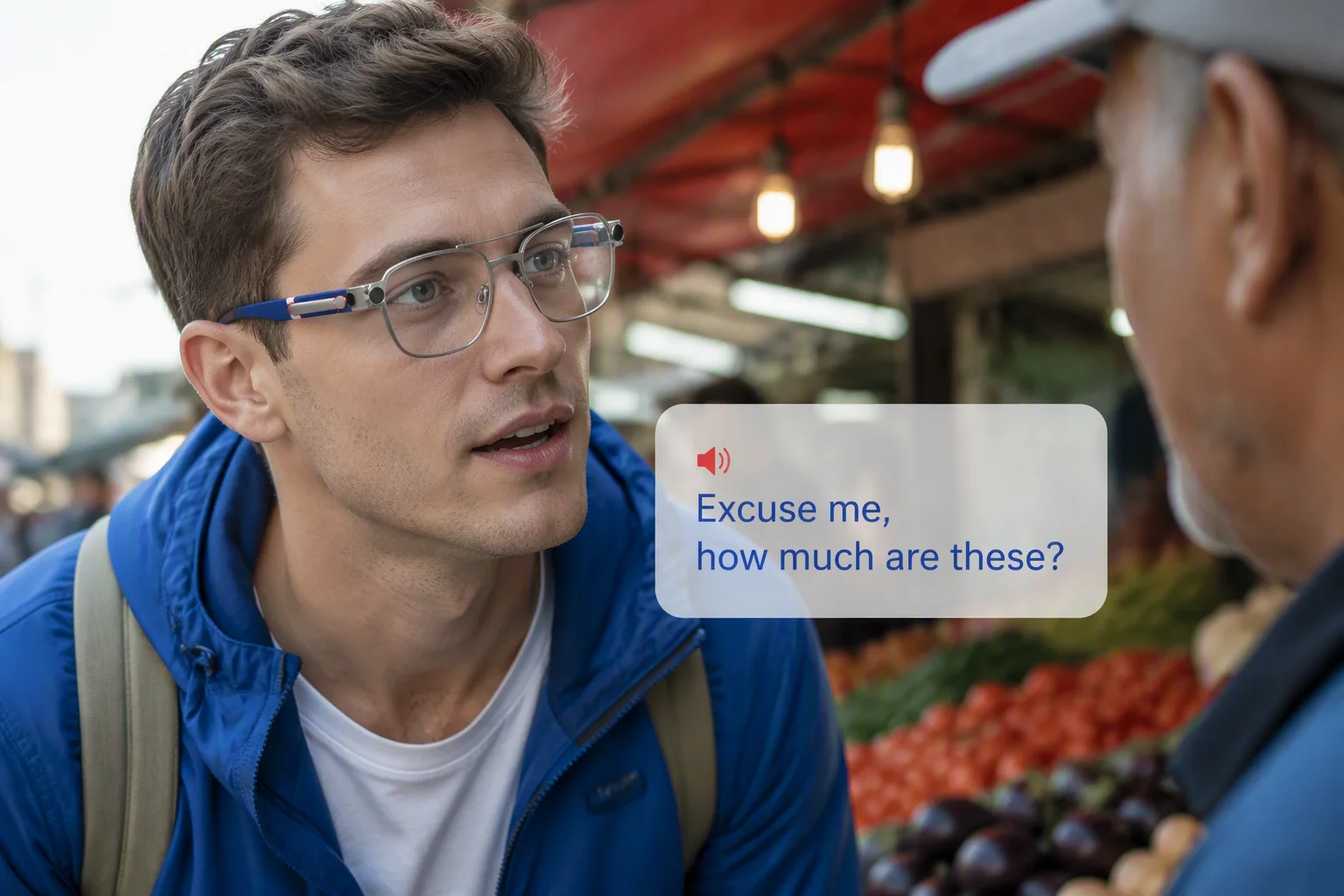 Tourist asking a market vendor a question while translation subtitles appear in the viewfinder
